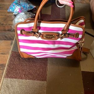 Michael Kors pink and white striped large purse